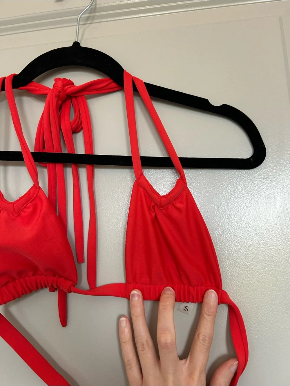 Montce Swim Red Tie-String V Notch Bikini Top and Low Rise Bottoms Set